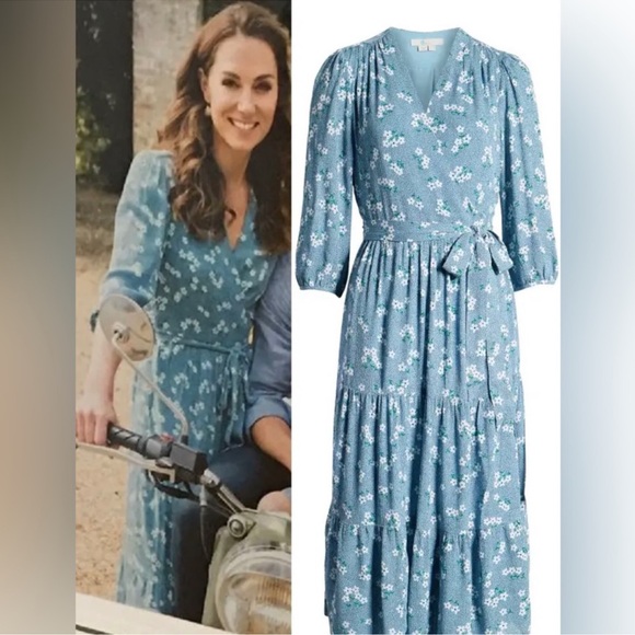 Boden Aurora Heron Blue Floral Midi Wrap ASO Kate Middleton Dress Size 8 - Picture 1 of 16